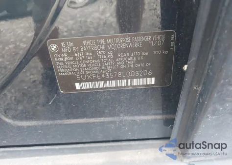 2008 BMW X5 3.0Si from USA, damaged, VIN 5UXFE43578L003206